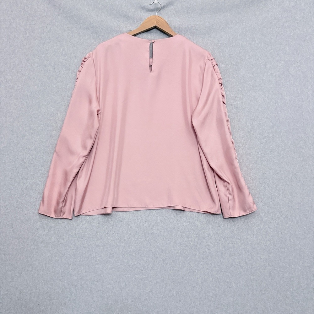 Tibi Mendini Blouse Size 12 Shirred Long Sleeve Satin Shirt Pink Blush Feminine - Picture 2 of 7